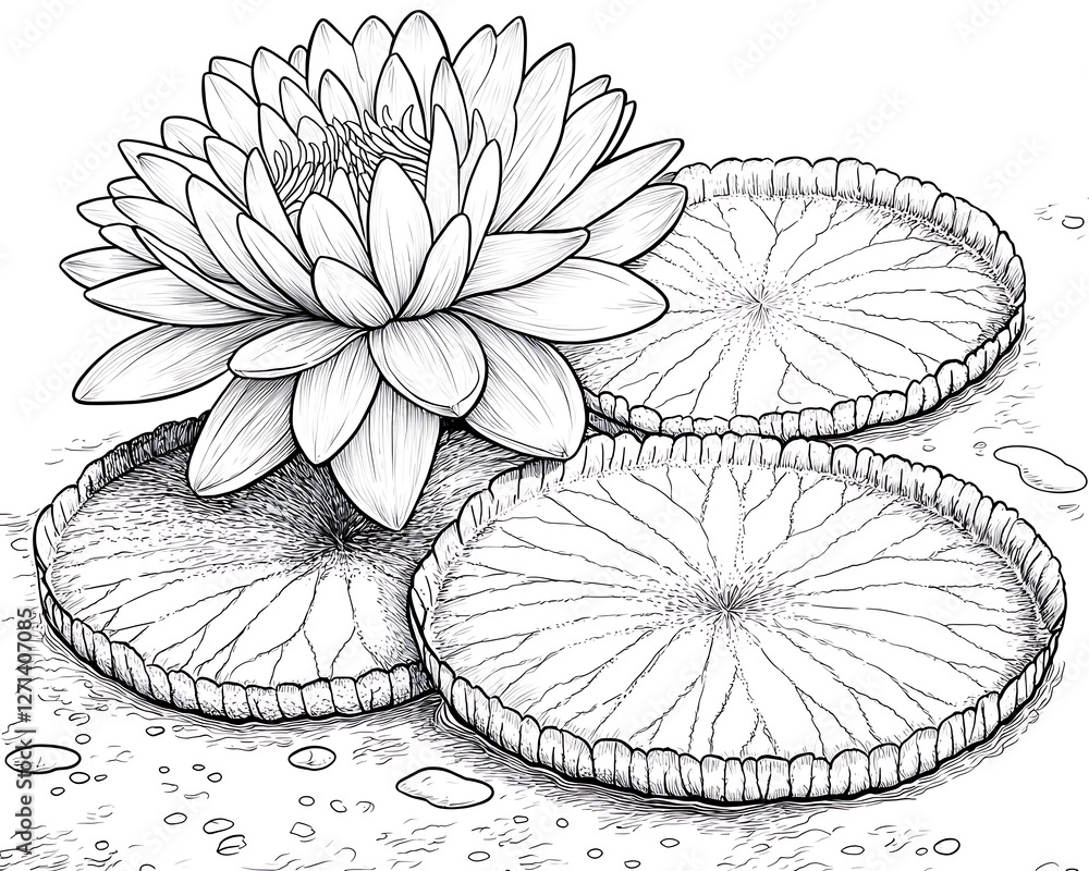 Obraz premium Detailed black and white drawing of a water lily flower and leaves on water