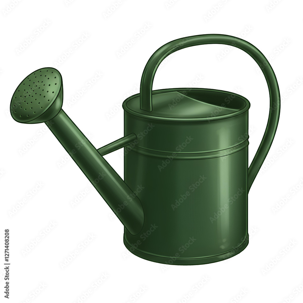 A dark green metal watering can with a curved handle and a long spout, designed for garden plant care. A dark green metal watering can with a curved handle and a long spout, designed for garden plant care.