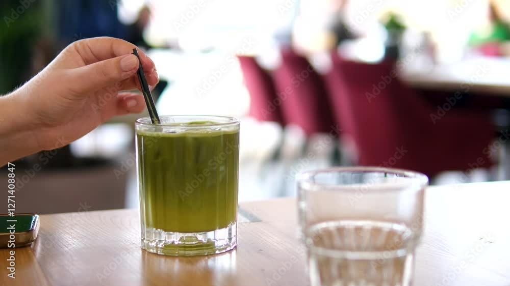 Matcha, close-up video of a white hand stirs the green substance with a traditional Japanese matcha whisk to create a tea basis for making Matcha Latte in Tokyo city in Japan. Stirring green tea. Matcha, close-up video of a white hand stirs the green substance with a traditional Japanese matcha whisk to create a tea basis for making Matcha Latte in Tokyo city in Japan. Stirring green tea.
