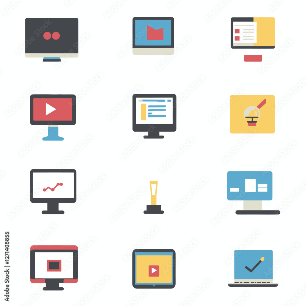 Computer icons: monitors, tablets, and laptops for business technology Computer icons: monitors, tablets, and laptops for business technology