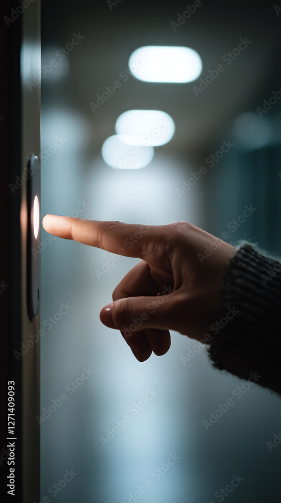 custom made wallpaper toronto digitalA close-up of a hand pressing an elevator button in a softly lit corridor. The blurred background features glowing lights, creating a mysterious and inviting atmosphere.