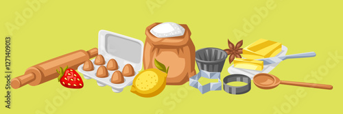 Background with bakery utensils. Cooking tools for home and recipe items.