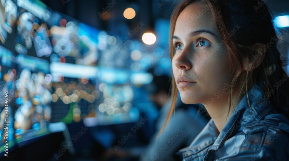 In a dimly lit control room, a young woman intently observes various screens filled with complex data. Her concentration highlights the importance of her task in this advanced environment. In a dimly lit control room, a young woman intently observes various screens filled with complex data. Her concentration highlights the importance of her task in this advanced environment.