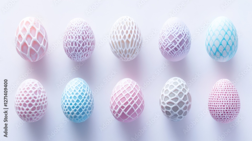 Fototapeta premium Pastel colored eggs with intricate geometric patterns on white background