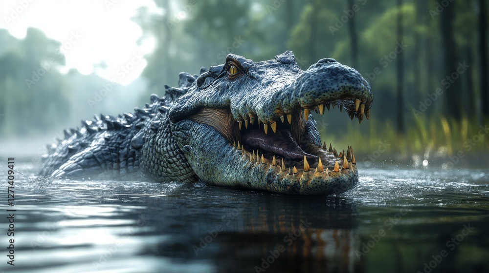 Fototapeta premium Large crocodile with open mouth partially submerged in murky water, jungle background.