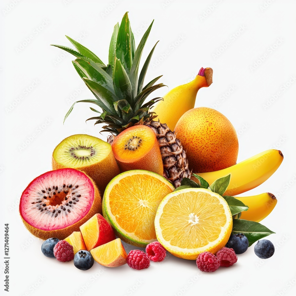 A vibrant arrangement of assorted fruits including pineapple, banana, kiwi, and citrus, perfect for health and nutrition themes. A vibrant arrangement of assorted fruits including pineapple, banana, kiwi, and citrus, perfect for health and nutrition themes.