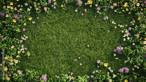 Top view of a lush green grass field with vibrant wildflowers scattered across, perfect for spring and summer designs.