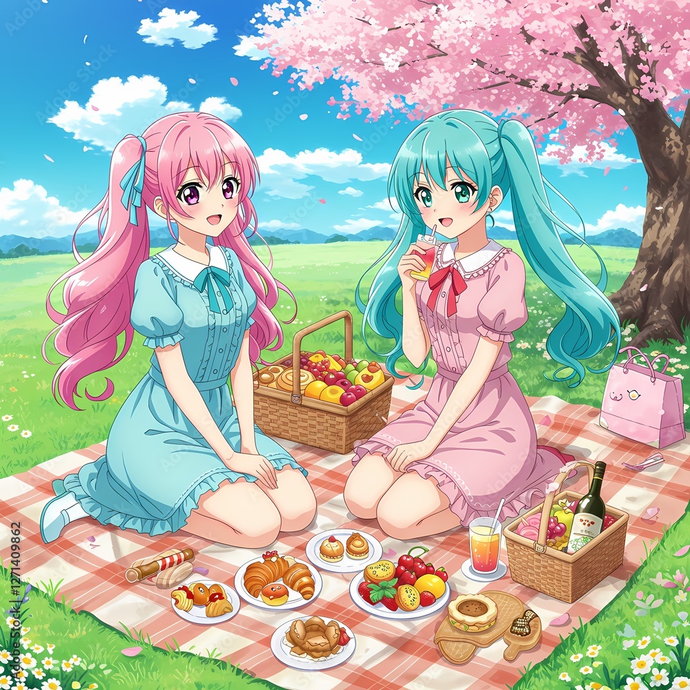 Cheerful Anime-Style Picnic Scene with Friends, Colorful Food, and Nature Background – Perfect for Illustrations, Posters, and Social Media Cheerful Anime-Style Picnic Scene with Friends, Colorful Food, and Nature Background – Perfect for Illustrations, Posters, and Social Media