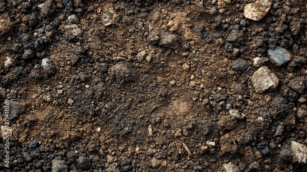 Close-up Texture of Dark Soil with Stones and Gravel Close-up Texture of Dark Soil with Stones and Gravel