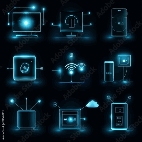Neon Tech Gadgets: Computer, Server, Smart Home, TV, and Communication