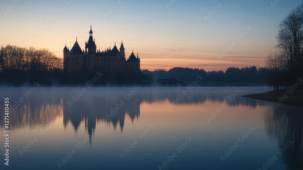 Obraz premium Fairytale Castle Reflected in a Tranquil Lake at Dawn