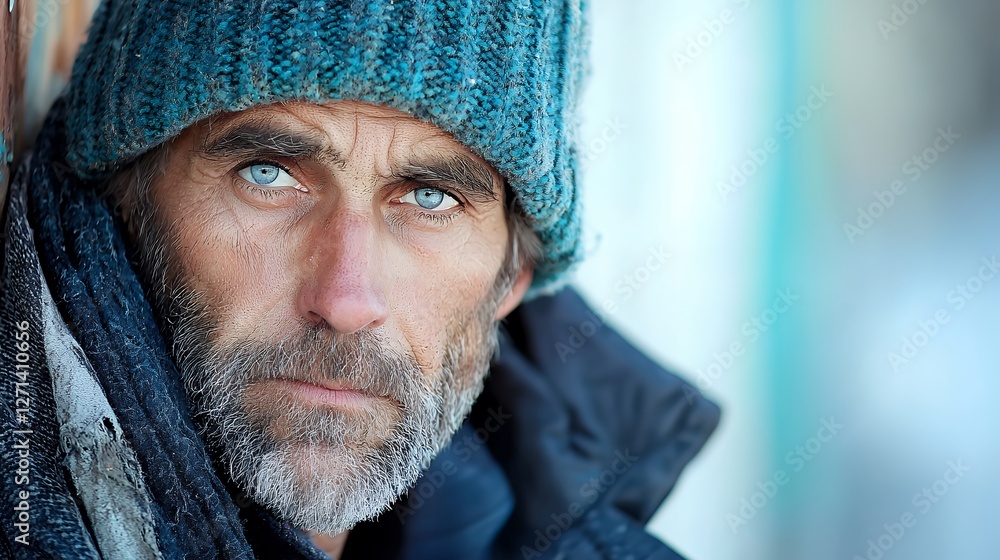 Close Up of a Man with Blue Eyes Wearing a Knitted Hat Covered in Frost Close Up of a Man with Blue Eyes Wearing a Knitted Hat Covered in Frost