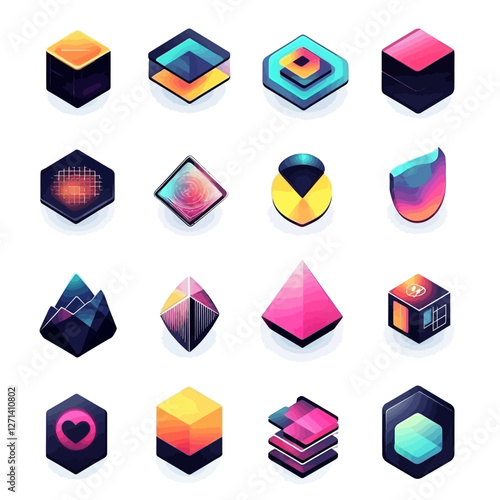 Isometric geometric shapes colorful design elements icons on white