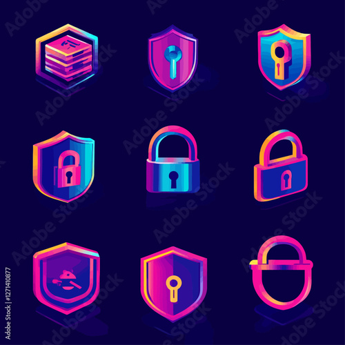 Neon gradient cyber security icons; data, shields, lock, and protection