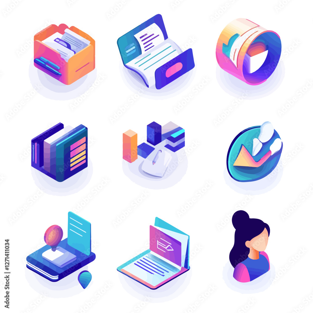 Isometric Office Workflow Icons: Data Management, Analytics, Communication Isometric Office Workflow Icons: Data Management, Analytics, Communication