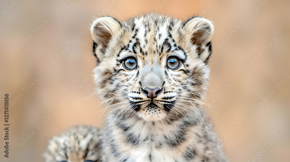 Snow leopard cub portrait, zoo enclosure, blurred background, wildlife conservation Snow leopard cub portrait, zoo enclosure, blurred background, wildlife conservation