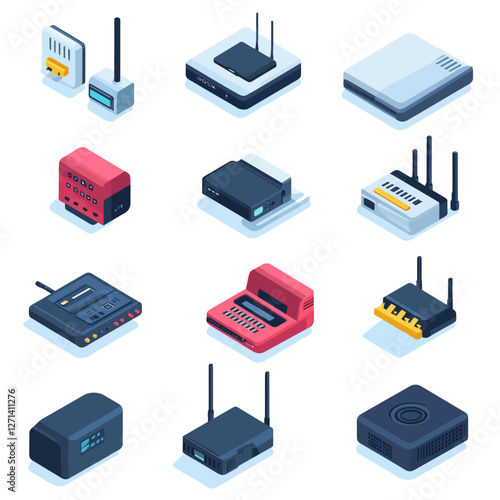 Isometric Network Devices Routers Modems Servers Hubs Computers Technology