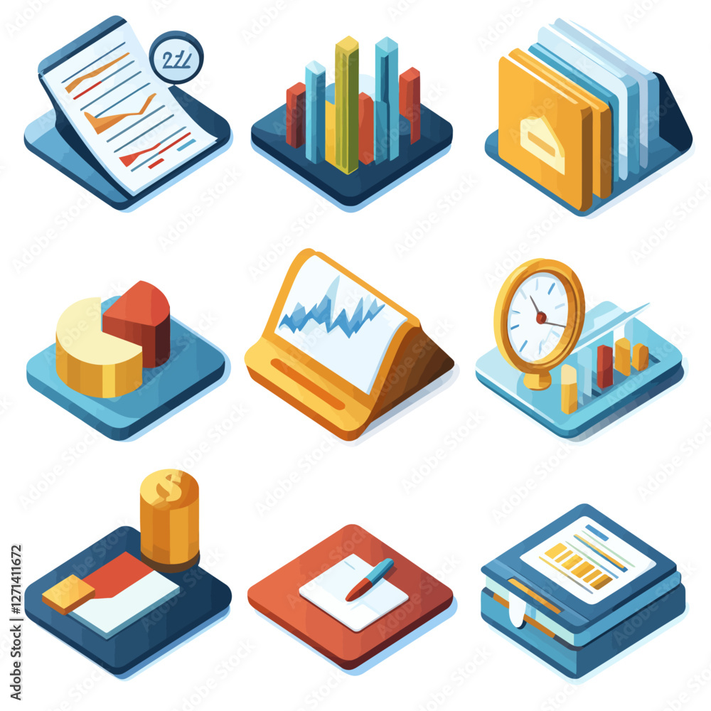 Isometric Business Icons Representing Data Analysis and Financial Growth Isometric Business Icons Representing Data Analysis and Financial Growth