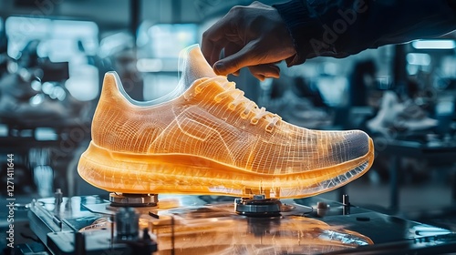Close up view of a designer rotating and interacting with a holographic 3D model of a shoe using futuristic technology in a studio setting  The model showcases advanced product design engineering