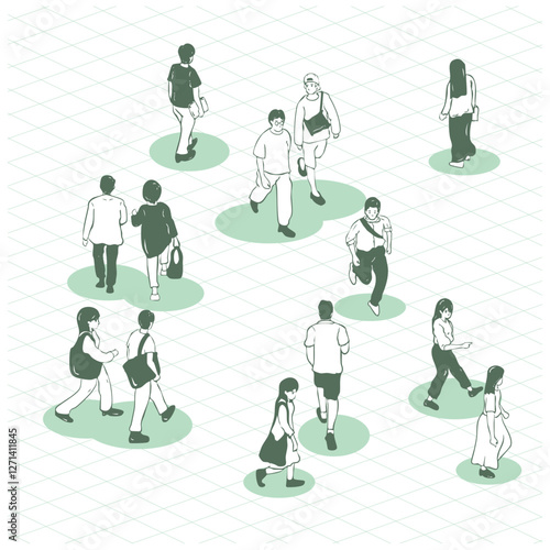 People Doodle Isometrc walking and standing in park