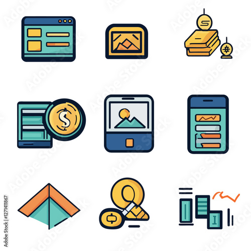 Digital Business and Finance Icons Showcasing Technology and Growth
