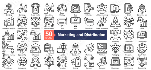 Marketing and Distribution Icon Collection Set.Containing Branding, Campaign, Social Media, Advertising, Strategy, Seo, Influencer icon. Simple line style Vector Illustration	