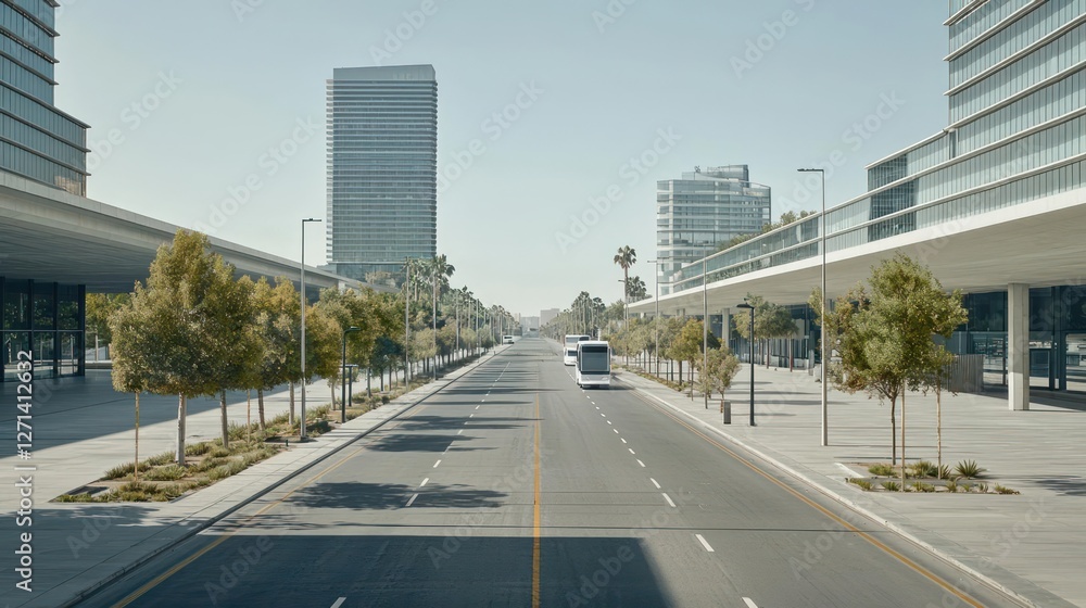 Modern City Street with White Vehicle on Sunny Day Modern City Street with White Vehicle on Sunny Day