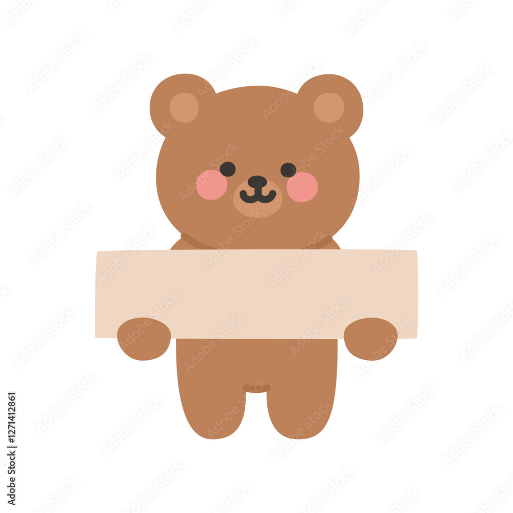 Fototapeta premium Cute Korean Bear Holding a Blank Rectangular Signboard in a Minimalist Cartoon Style