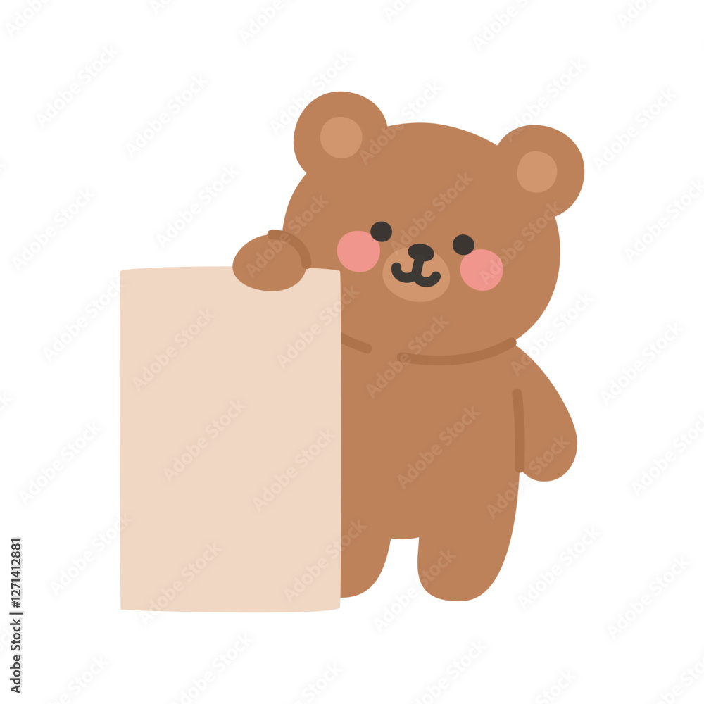 Fototapeta premium Cute Korean Brown Bear Standing Beside a Large Blank Vertical Signboard