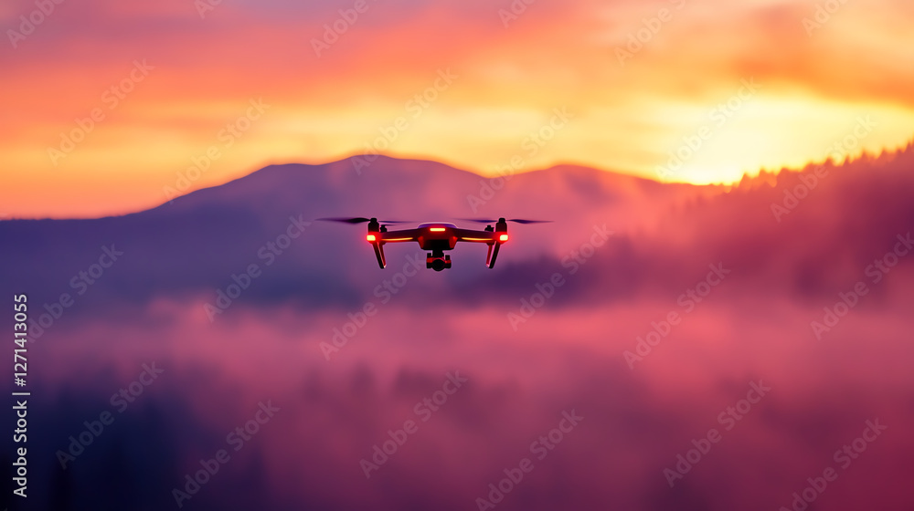 A stunning aerial view of a drone flying during sunset, surrounded by misty mountains. The vibrant colors create a serene atmosphere, showcasing the beauty of technology in nature. A stunning aerial view of a drone flying during sunset, surrounded by misty mountains. The vibrant colors create a serene atmosphere, showcasing the beauty of technology in nature.