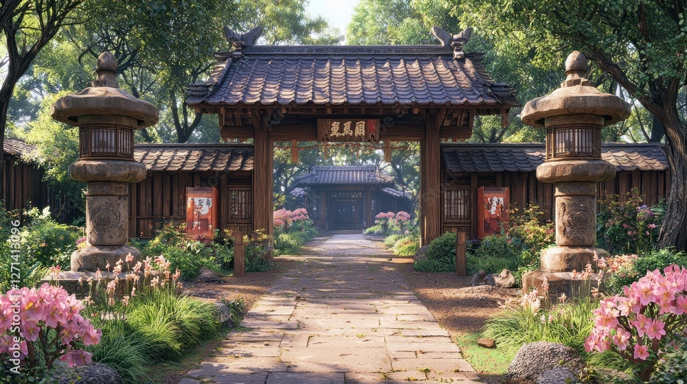 Tranquil Japanese Garden Gate Entrance, Sunlight, Blossoms Tranquil Japanese Garden Gate Entrance, Sunlight, Blossoms