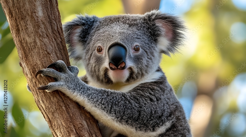 Obraz premium Koala clinging to a eucalyptus tree in a dense Australian forest.