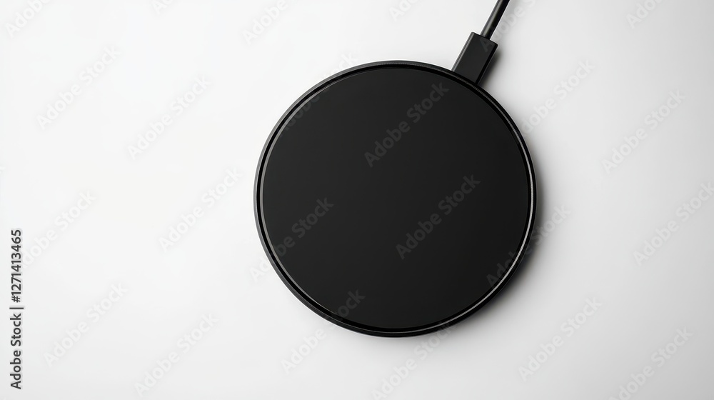 A black wireless charging pad is resting on a clean white surface, highlighting its modern design A black wireless charging pad is resting on a clean white surface, highlighting its modern design