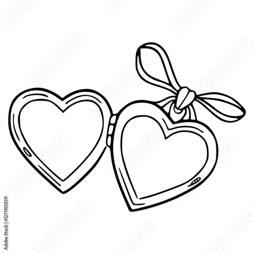 a black and white drawing of a heart shaped locket pendant with decorative ribbon