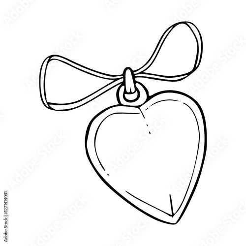a black and white drawing of a heart shaped locket pendant with decorative ribbon