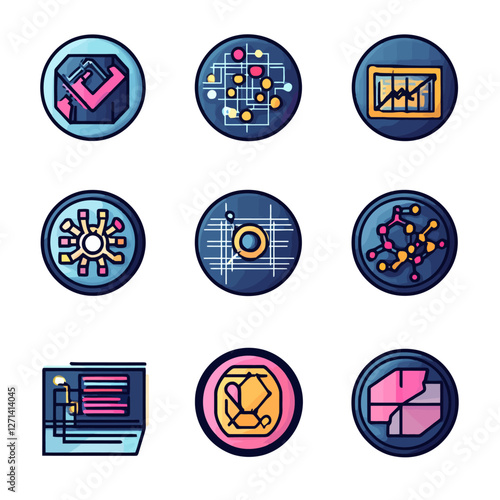 Scientific research data visualization analysis information icons set