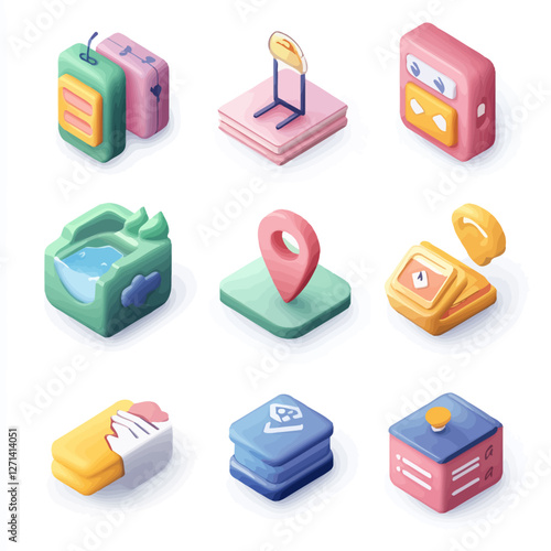 Isometric icons travel planning, vacation, accommodation, services