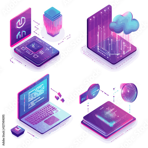Isometric Digital Data Cloud Computing Network Tech Illustration
