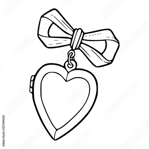 a black and white drawing of a heart shaped locket pendant with decorative ribbon