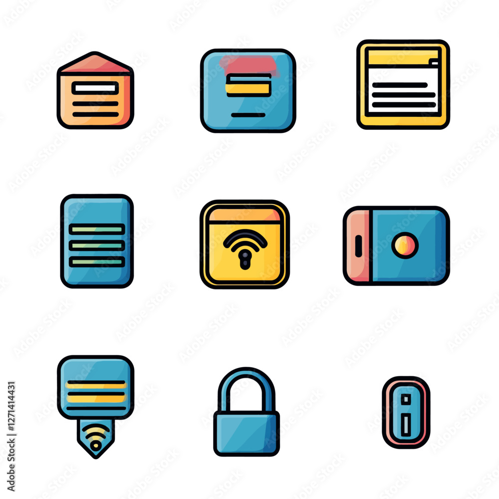 Colorful icons: messaging, document, wifi signal, security, smartphone Colorful icons: messaging, document, wifi signal, security, smartphone