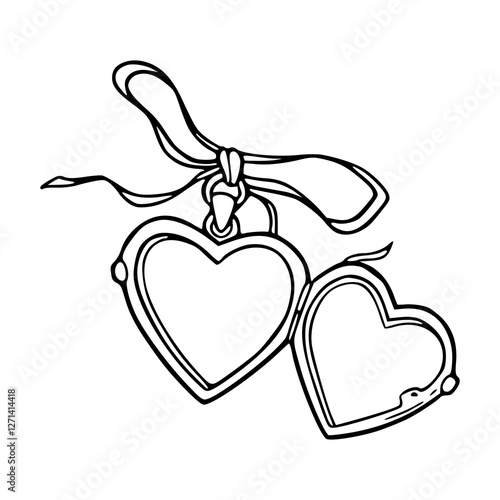 a black and white drawing of a heart shaped locket pendant with decorative ribbon