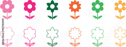 Set of colorful flowers, flower icon set, vector shapes. stickers, logo, icon, font, floral print, plush toy, doll, cartoon, kids, Set floral of wildflower, leaf branch, foliage on white background.