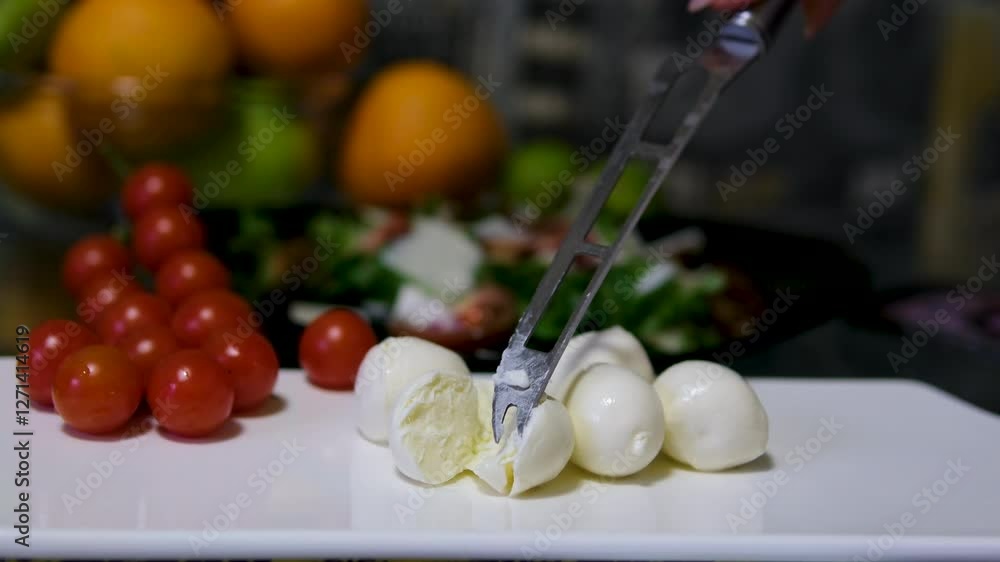 woman cuts mozzarella cheese with a knife on a wooden board. woman cuts mozzarella cheese with a knife on a wooden board.