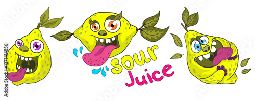 Cheerful sour lemons. Vector illustration. Comic Lemons monsters. character cartoon art. sour faces