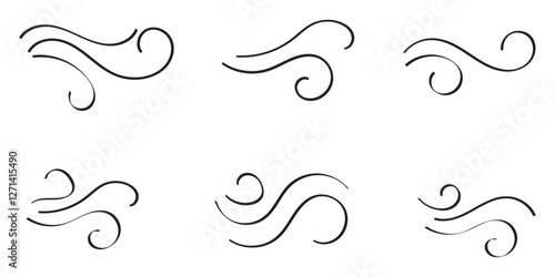 Doodle wind line sketch set. Hand drawn doodle wind air blow, swirl elements.