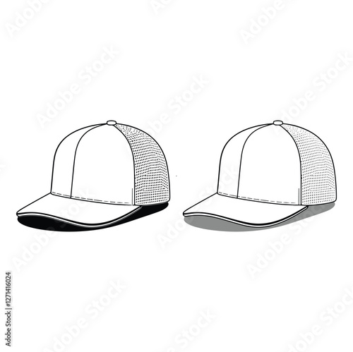 Trucker Cap Mesh Cap Template Illustration Black and White Trucker Hat Mesh Vector Mockup Tempalte Streetwear Headwear Vector Mockup Collection 6 Pannel Hat Cap Vector Mockup