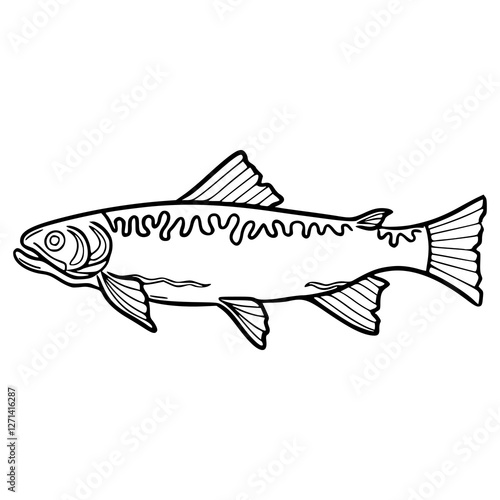a black and white drawing of a salmon fish, for coloring pages