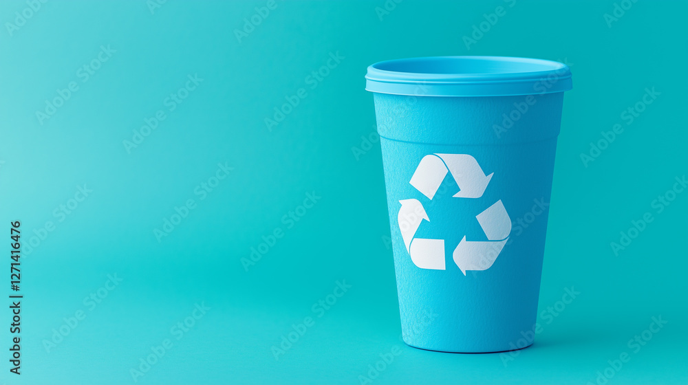 Blue Recycling Bin with Recycle Symbol on Teal Background Blue Recycling Bin with Recycle Symbol on Teal Background