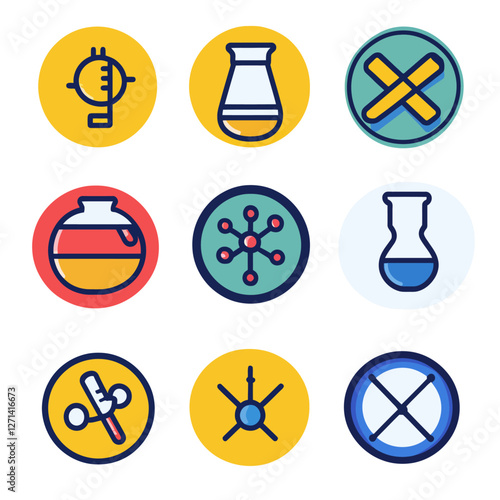 Science laboratory icons set with beakers flasks atom and other elements