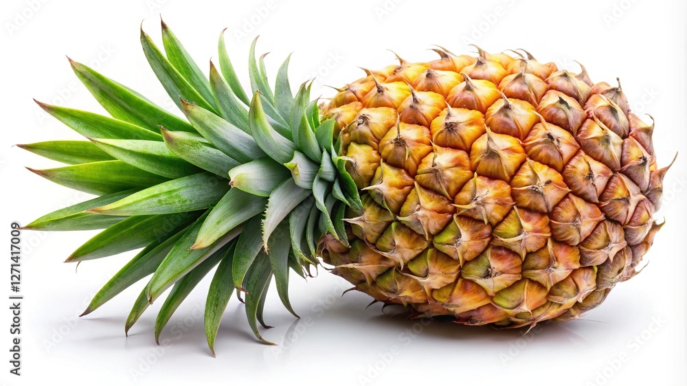 Whole ripe pineapple with green leaves - A whole ripe pineapple with a golden brown skin and vibrant green leaves, lying on a white surface. Whole ripe pineapple with green leaves - A whole ripe pineapple with a golden brown skin and vibrant green leaves, lying on a white surface.
